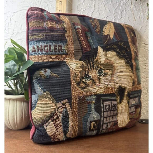 Vtg Cat Kitty Feline Tapestry Needlepoint Library Fish Duck Throw Pillow 12” - Picture 1 of 5